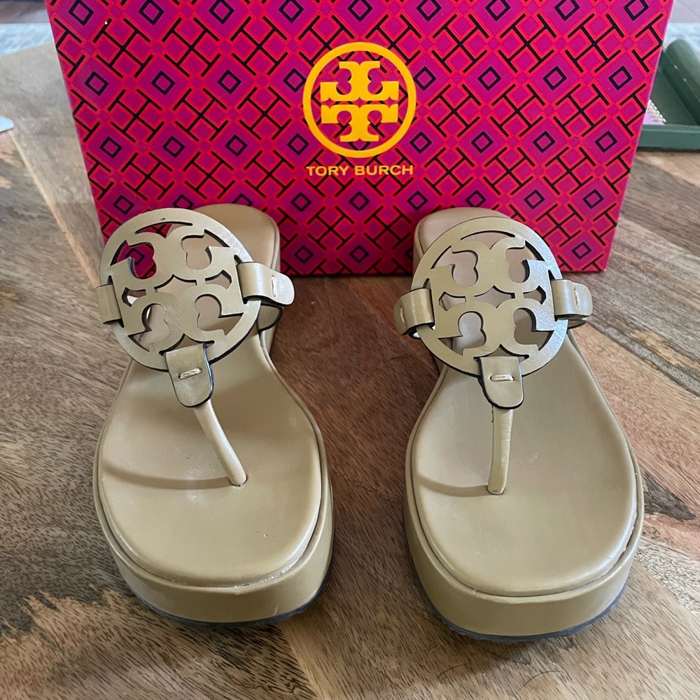 Tory Burch Beige Platform Miller Thong Sandals